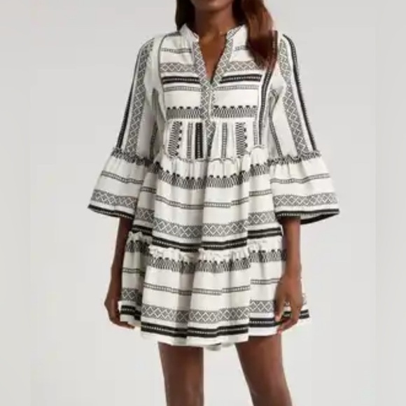 F & F Black Cream Cotton Poplin Bell Sleeve Tiered Split Neck Prairie Boho Dress - Picture 1 of 11
